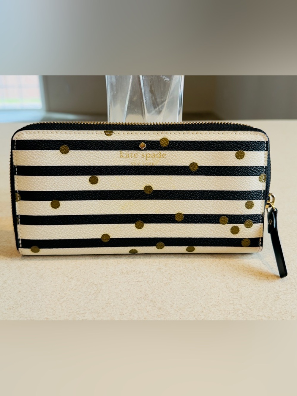 kate spade Black and White Striped Wallet with Gold Polka Dots